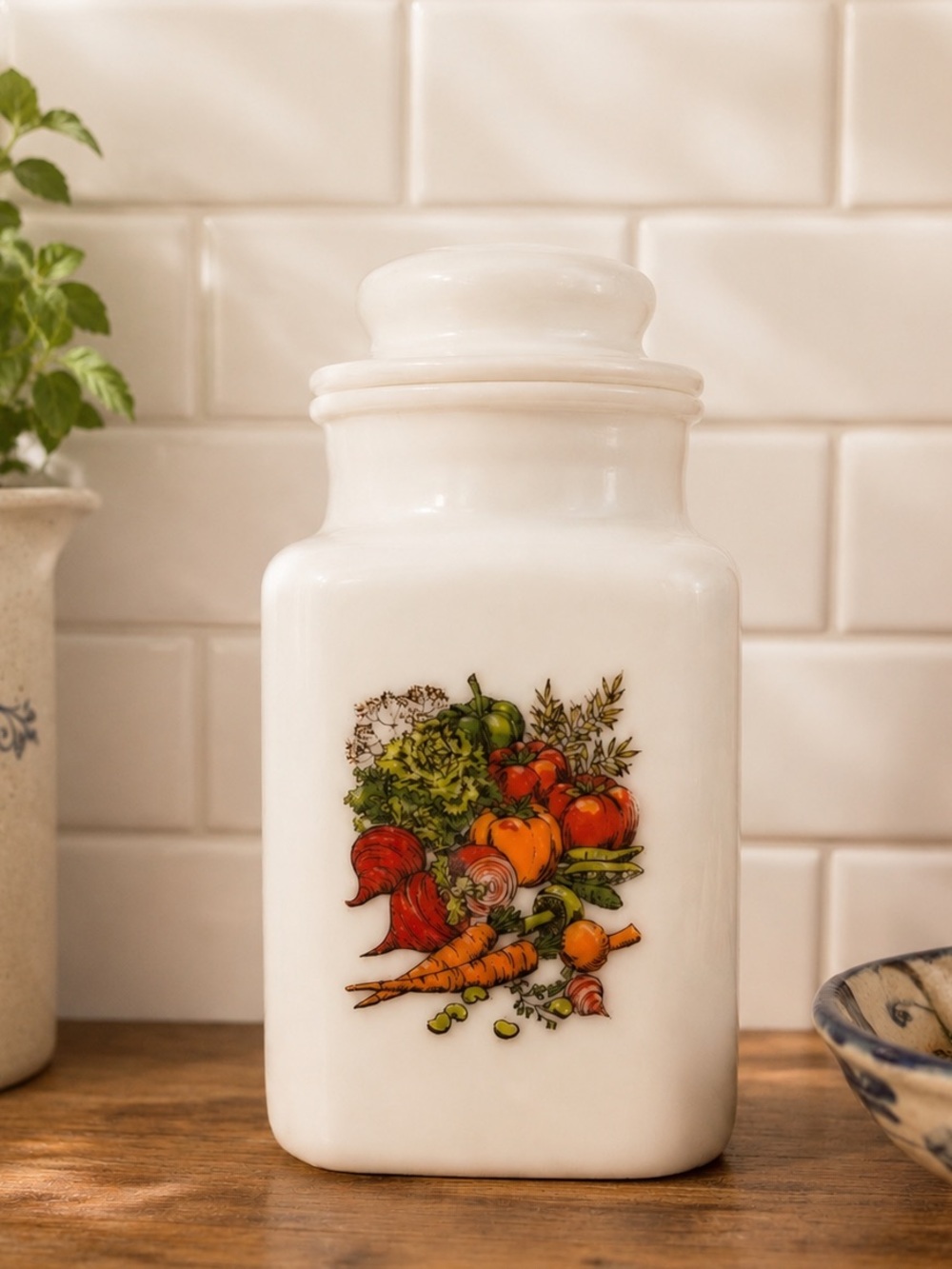 VINTAGE MILK GLASS CANISTER – VEGETABLE MOTIF
